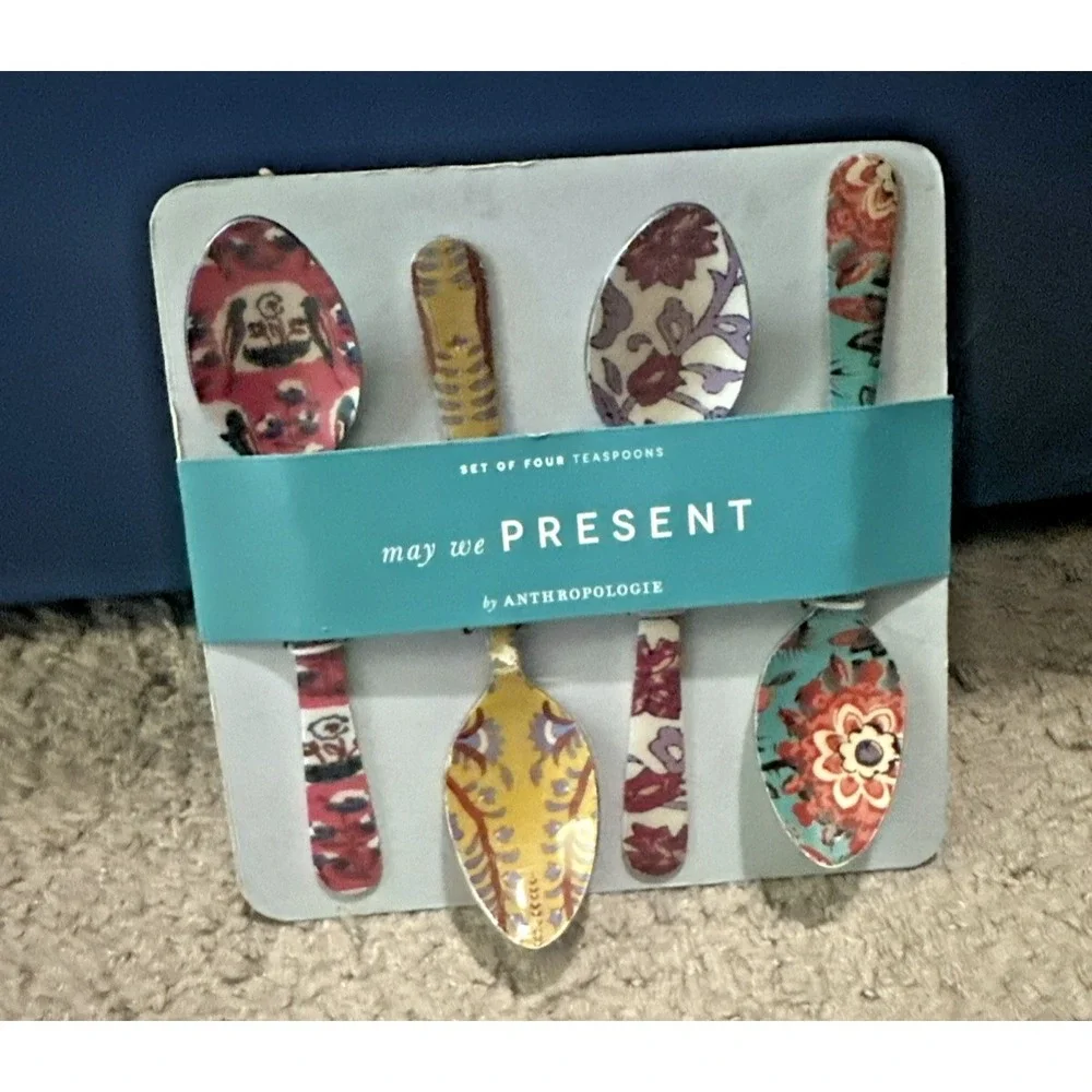 Anthropologie Blockprint Floral Boho Farm Teaspoons Set of 4 New Package 5.25